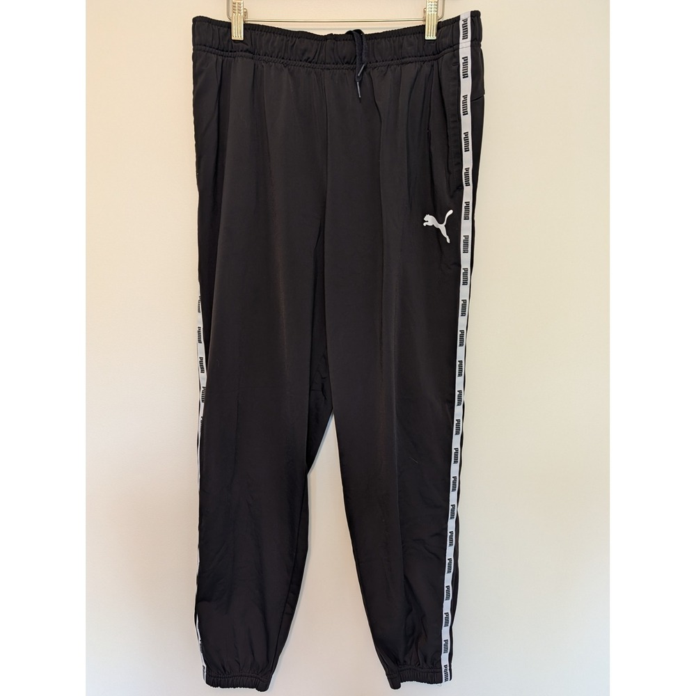 PUMA Logo Side Tape Track Jogger Pants Black White Mens XL (fits 33x30)